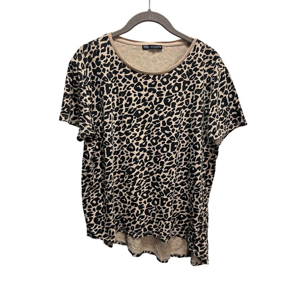 Zara Leopard Print T-Shirt Womens L Beige & Black Casual Short Sleeve